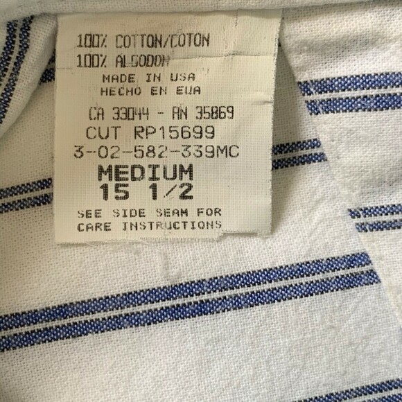 Roper Cotton Western Men M 15 1/2 Slim Fitted Short Sleeve White w/ Navy Stripes - Picture 7 of 8